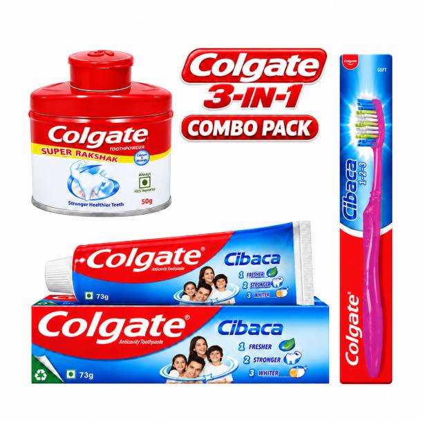 Colgate 3-IN-1 Combo Pack: 50g Super Rakshak Toothpowder, 1 Toothbrush + 73g Cibaca Toothpaste