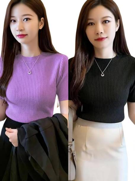 Casual Regular Sleeves Solid Women Black, Purple Top