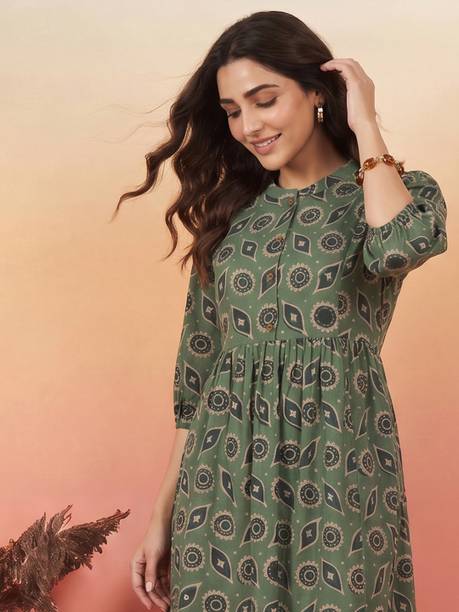 Casual Puff Sleeves Geometric Print Women Green Top