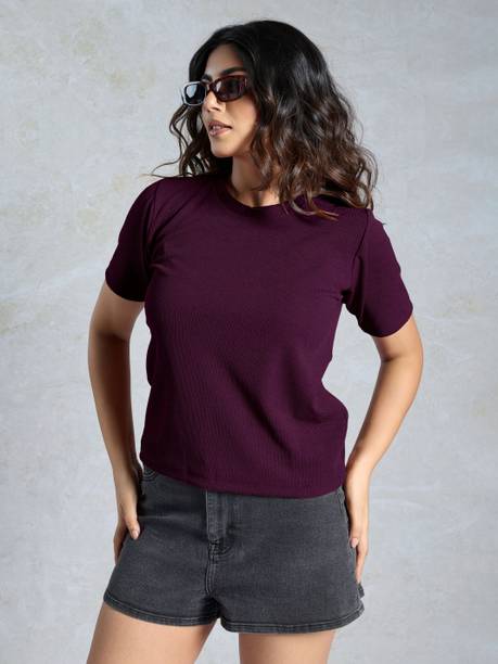 Casual Regular Sleeves Solid Women Purple Top