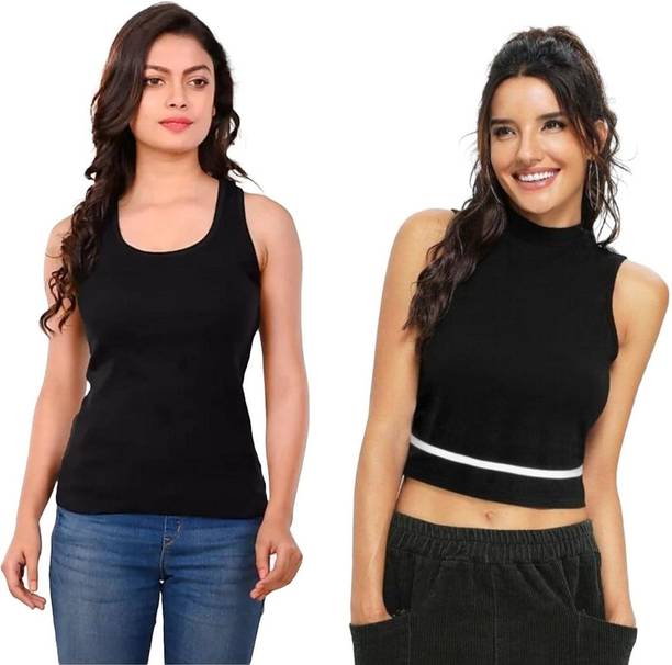 Pack of 2 Casual Sleeveless Solid Women Black Top