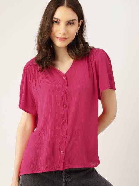Casual Layered Solid Women Pink Top