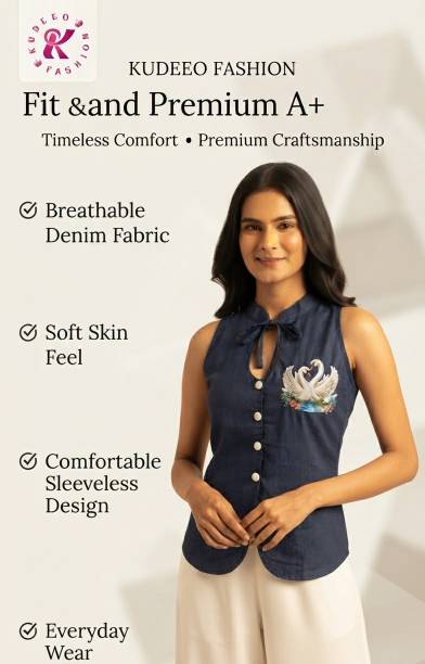 KUDEEO Casual Embroidered Women Blue Top