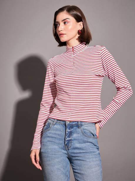 Casual Regular Sleeves Striped Women Red, White Top