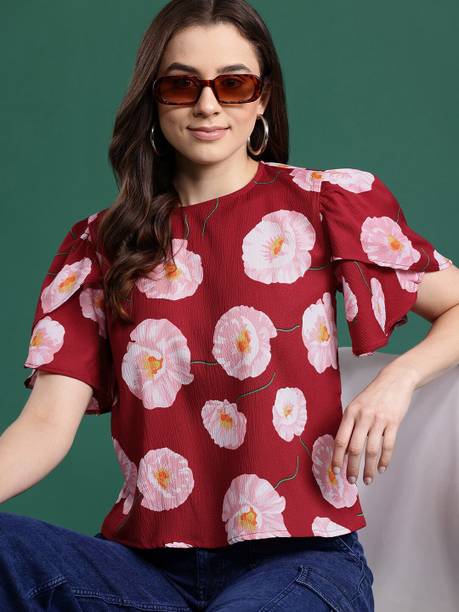 Casual Flared Sleeves Printed Women Multicolor Top