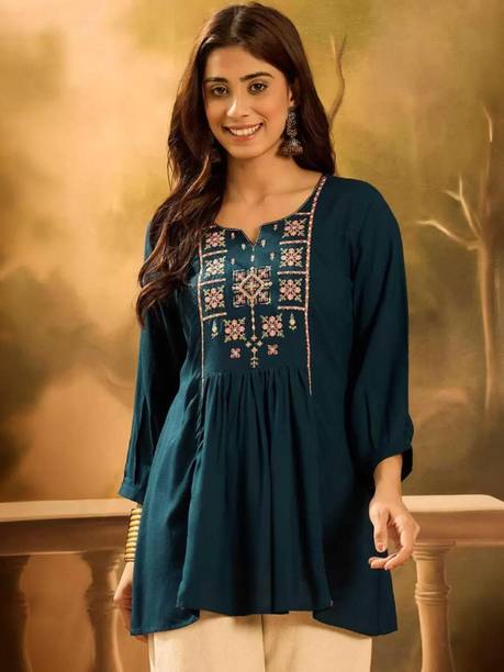 Casual Regular Sleeves Embroidered Women Blue Top