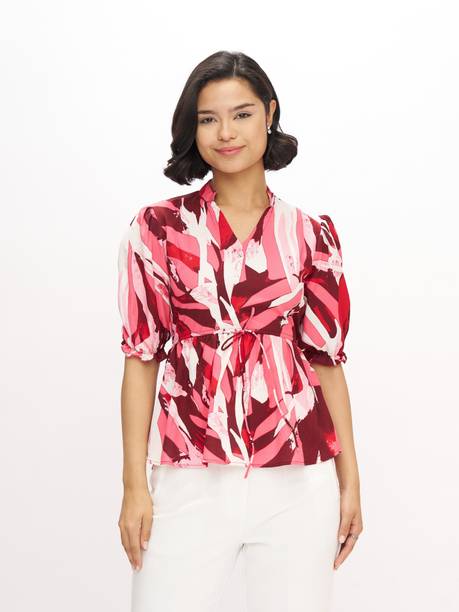 AASK Casual Puff Sleeves Printed Women Maroon Top