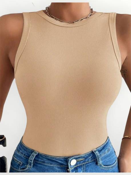 Casual Sleeveless Self Design Women Beige Top
