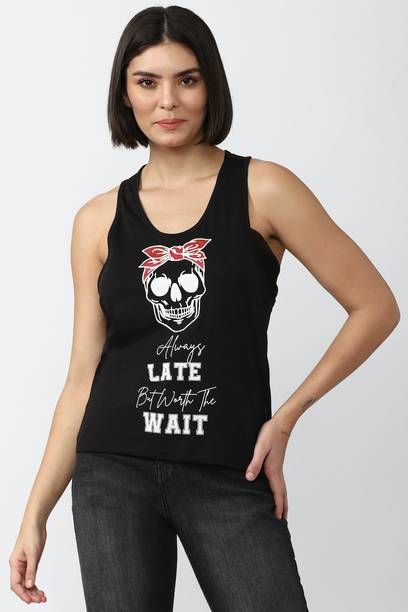 Casual Sleeveless Printed Women Black Top
