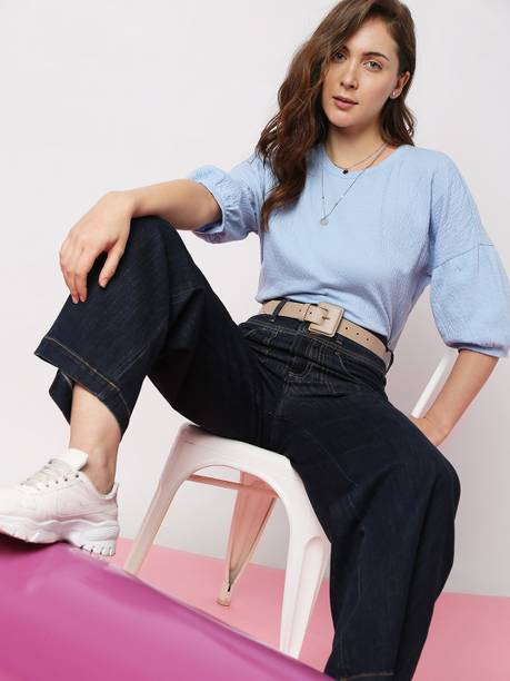 Casual Puff Sleeves Solid Women Blue Top