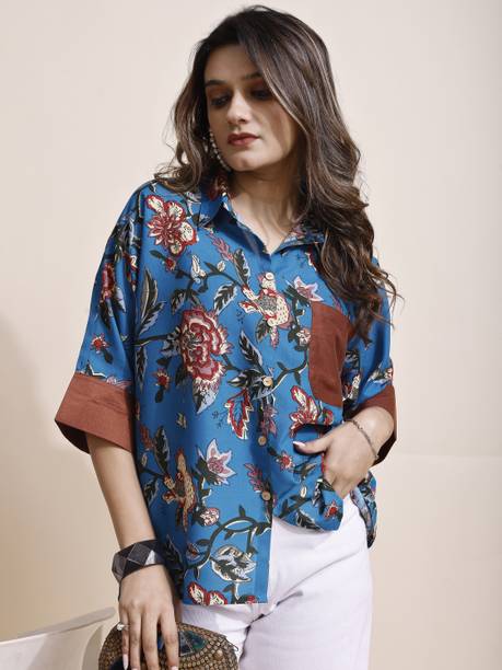 Women Oversized Fit Floral Print Button Down Collar Casual Shirt