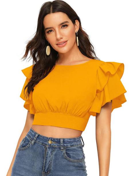 Casual Flared Sleeves Solid Women Yellow Top