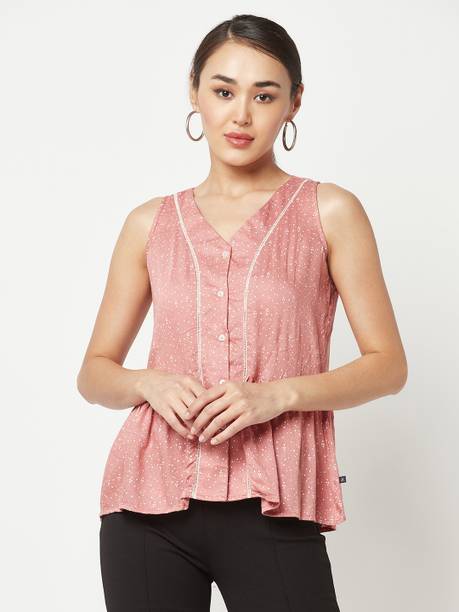 Casual Sleeveless Printed Women Pink, White Top