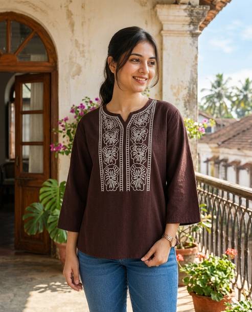 Casual Regular Sleeves Embroidered Women Maroon Top