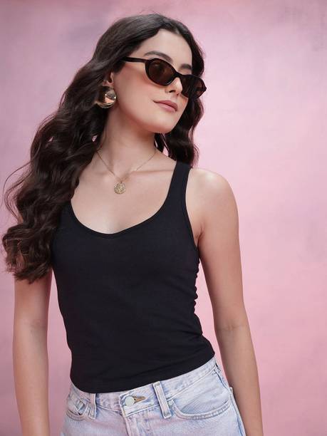 Casual Sleeveless Solid Women Black Top