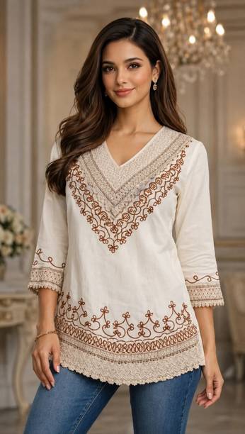 Casual Raglan Sleeves Embellished Women Beige Top