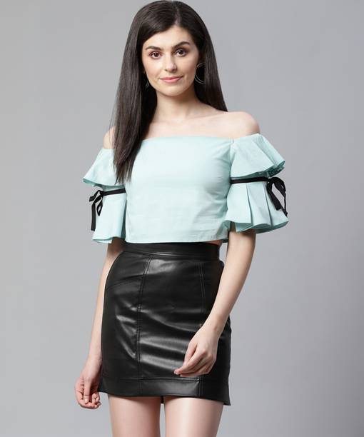 STREET9 Casual Butterfly Sleeve Solid Women Green Top