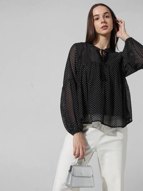 Casual Balloon Sleeve Printed Women Black Top