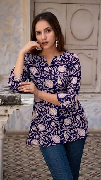 Casual Regular Sleeves Floral Print, Printed Women Blue, Pink Top