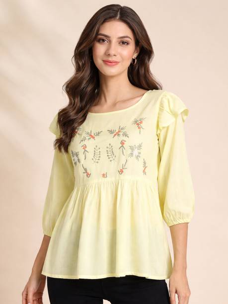 Indian Needle Casual Embroidered Women Yellow Top