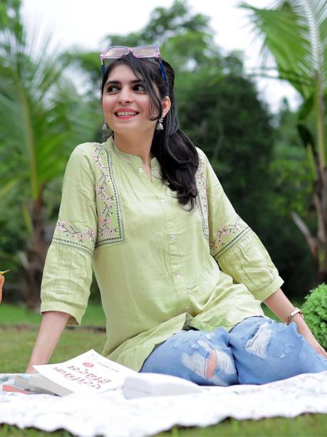 Youthnic Party Embroidered Women Light Green Top