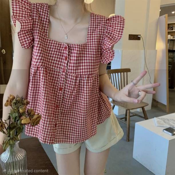 Party Ruffled Sleeves Checkered Women Red Top