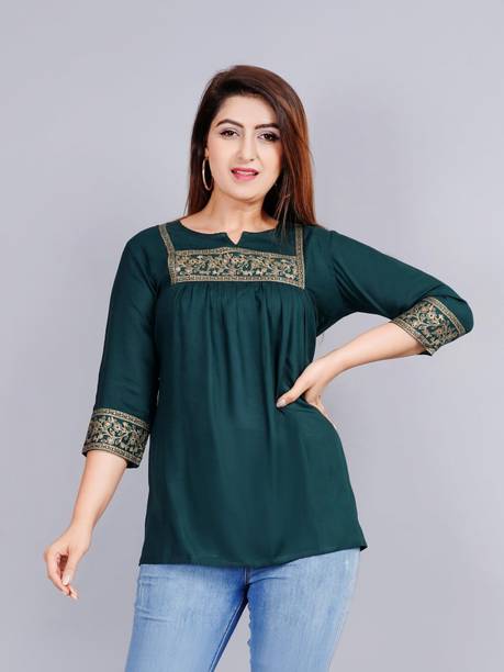 Casual Regular Sleeves Embroidered Women Dark Green Top