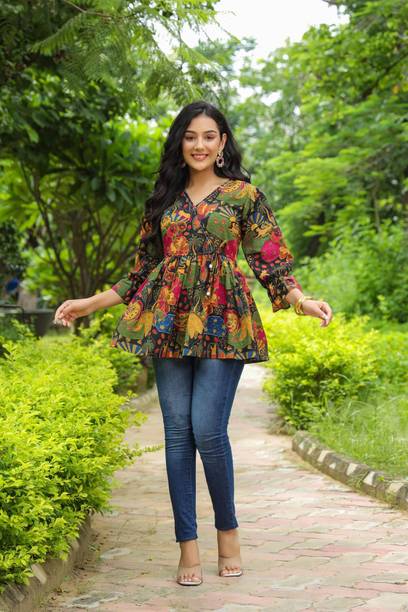 Casual Regular Sleeves Floral Print Women Black Top