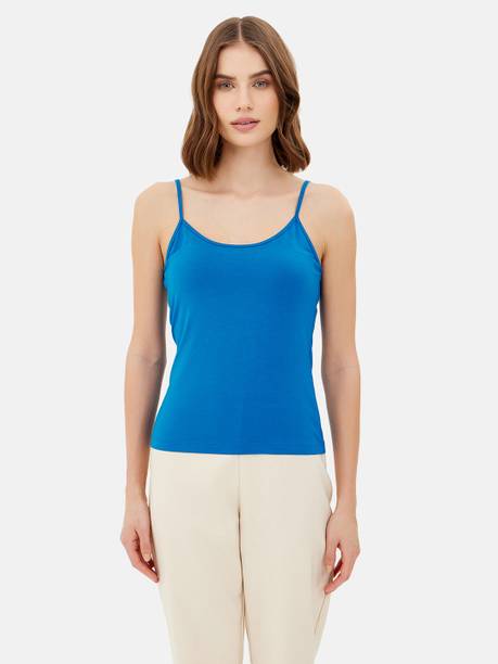 Casual Shoulder Straps Solid Women Blue Top