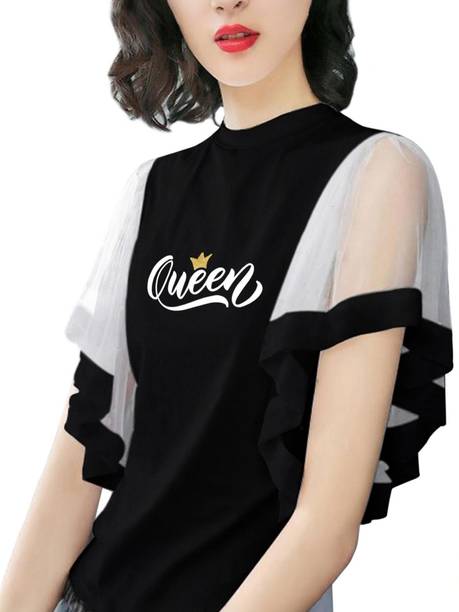 Party Flared Sleeves Printed, Graphic Print, Solid Women Black Top