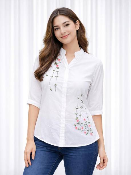Casual Regular Sleeves Embroidered Women White Top