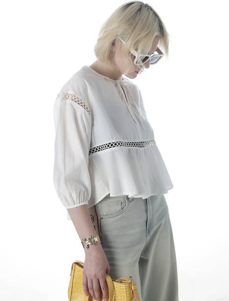 Casual Puff Sleeves Self Design Women White Top