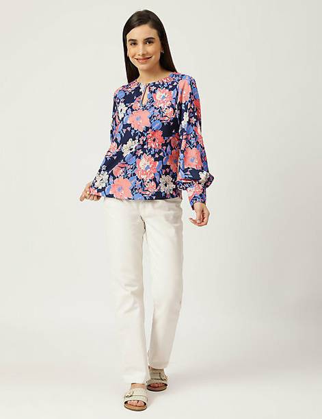 Casual Balloon Sleeve Floral Print Women Blue Top