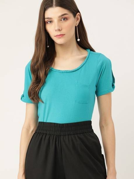 Casual Roll Up Sleeves Solid Women Light Blue Top