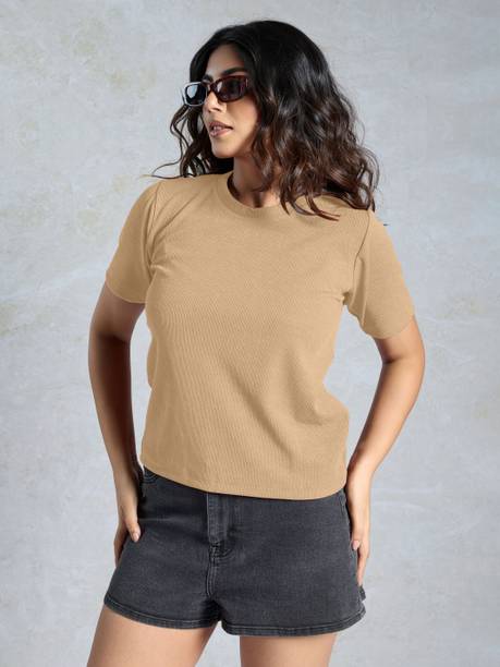 Casual Regular Sleeves Solid Women Beige Top