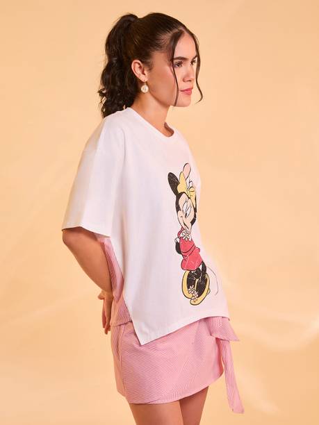 Casual Regular Sleeves Graphic Print Women White, Pink Top