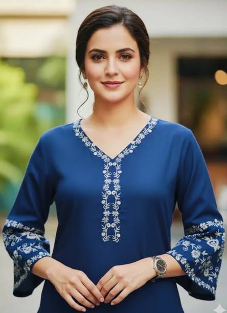 Formal Regular Sleeves Embroidered Women Blue Top