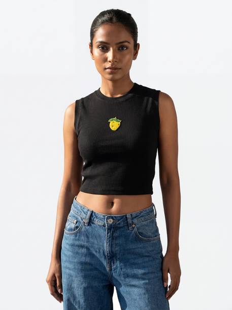 BLURR Casual Self Design Women Black Top