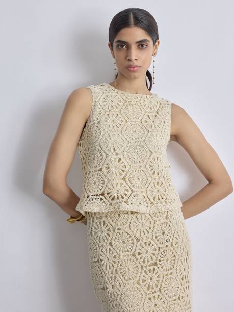 Casual Sleeveless Lace Women Beige Top