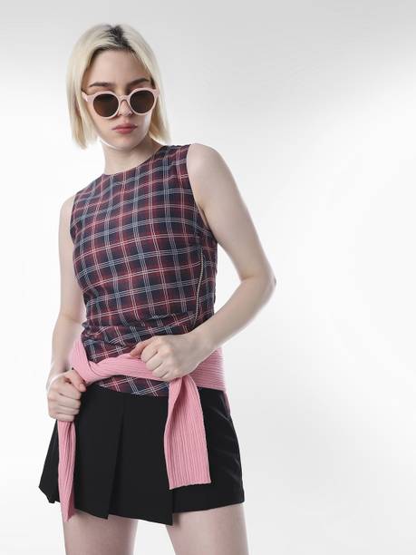 Casual Sleeveless Checkered Women Multicolor Top
