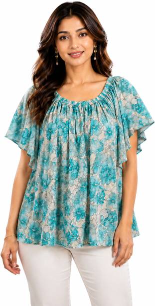Cadaxa Casual Floral Print Women Blue Top