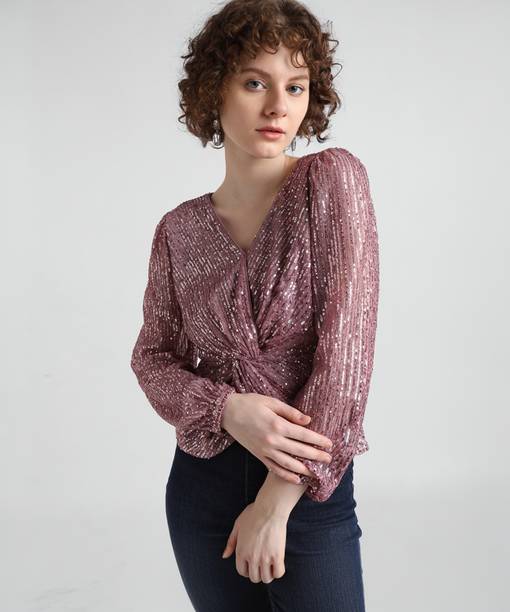 Party Puff Sleeves Embellished Women Pink Top