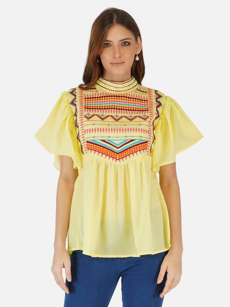 Vimlesh Casual Self Design Women Yellow Top