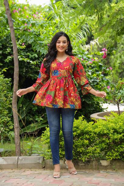 Casual Regular Sleeves Floral Print Women Red Top