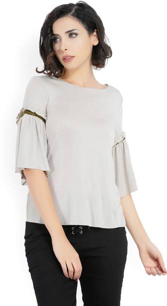 Casual Bell Sleeves Solid Women Beige Top