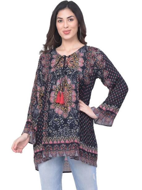 Casual Bell Sleeves Geometric Print Women Multicolor Top