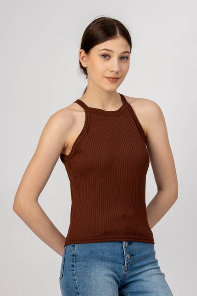 Casual Sleeveless Solid Women Brown Top
