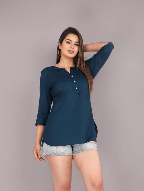 Casual Roll Up Sleeves Solid Women Blue Top