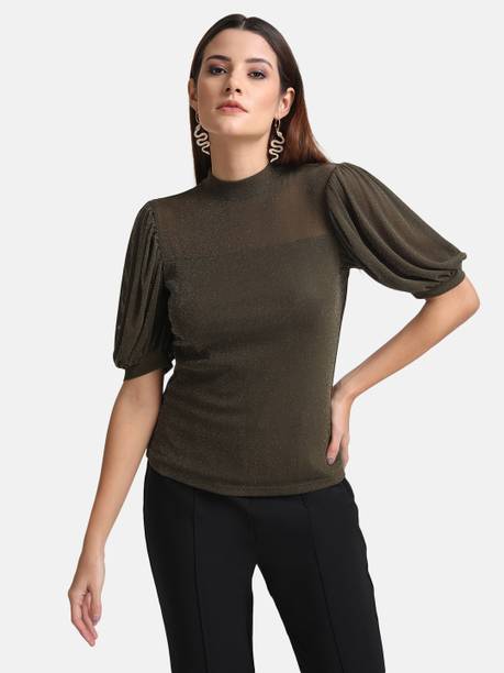 Casual Puff Sleeves Solid Women Green Top