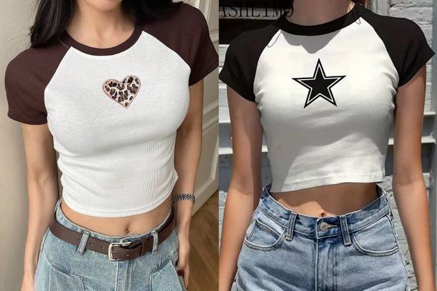 Pack of 2 Party Regular Sleeves Solid, Printed Women Multicolor Top